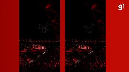 Show de drones forma Caprichoso e Garantido no DVD de Klessinha em Manaus - Vídeo: Henrique Souza/Divulgação Show de drones forma Caprichoso e Garantido no DVD de Klessinha em Manaus - Vídeo: Henrique Souza/Divulgação