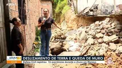 Chuva causa deslizamento de terra e queda de muro em Manaus