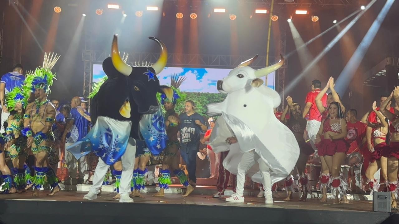 Caprichoso e Garantido na primeira noite de Carnaboi 2026 em Manaus. — Foto: Patrick Marques/g1 AM