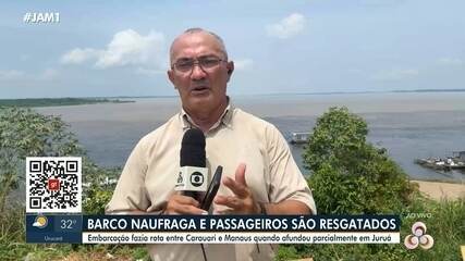 Barco naufraga e passageiros são resgatados: embarcação fazia rota entre Carauari e Manaus